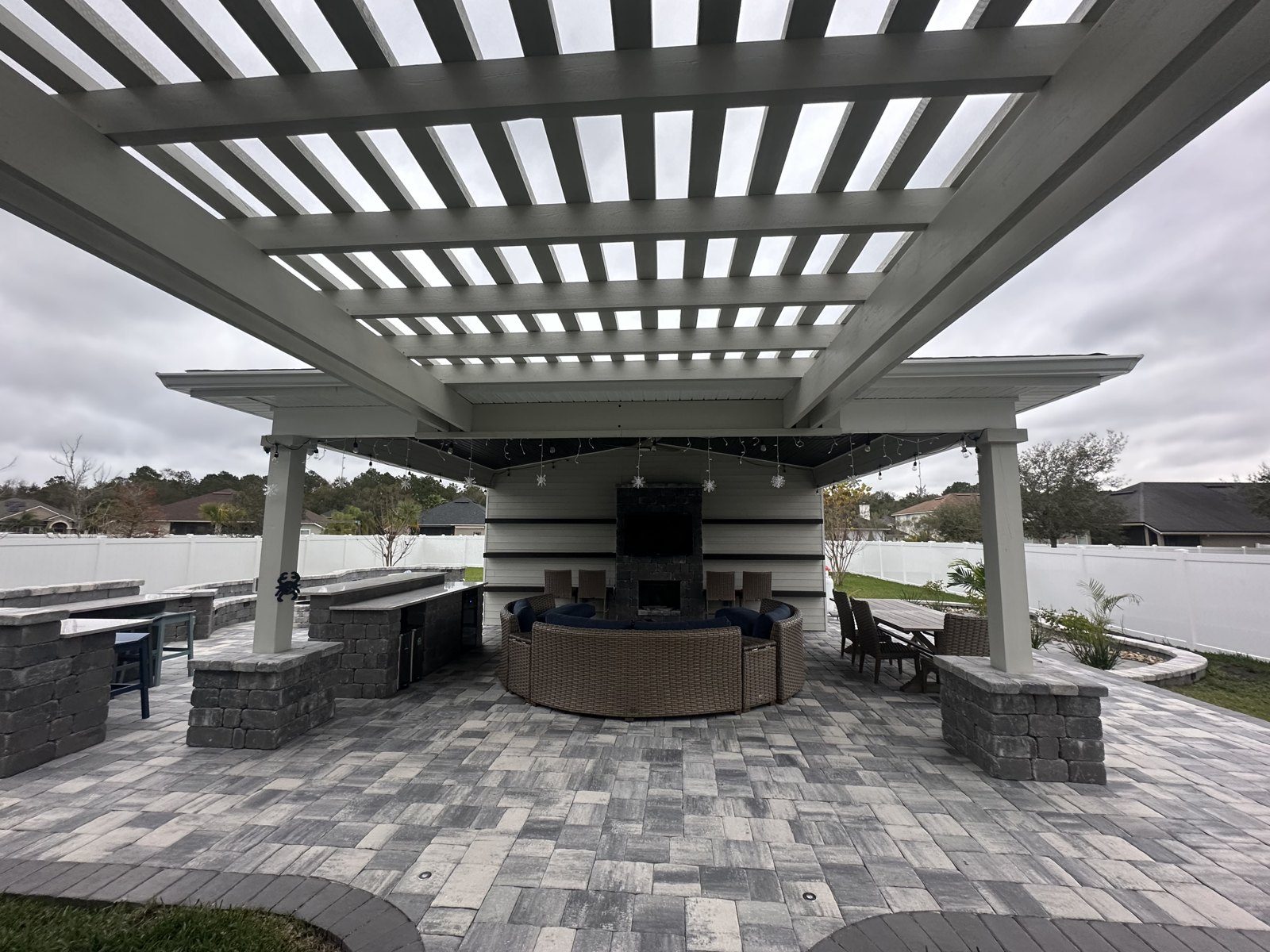 Pergola + Outdoor Kitchen Bar & Fireplace