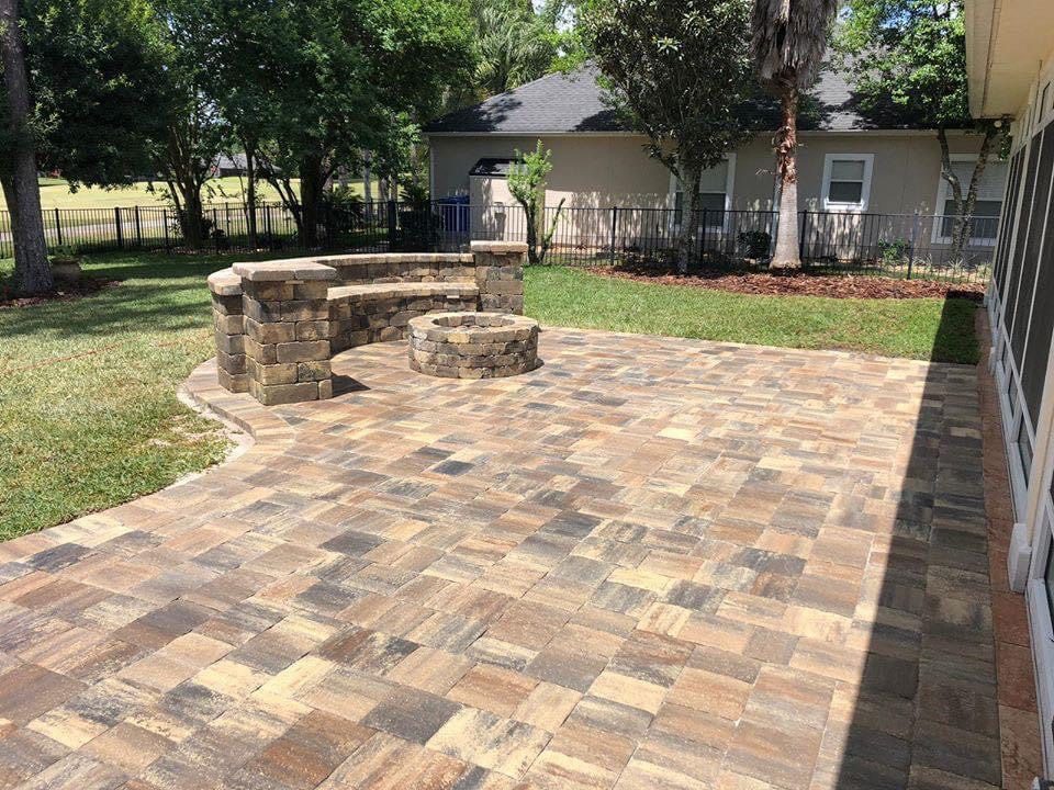 Backyard Pavers · Curved Bench & Fire Pit