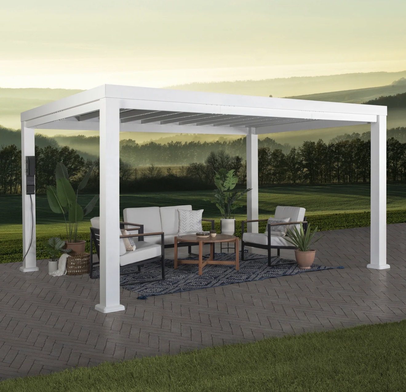 White Louvered Aluminum Pergola · Lounge